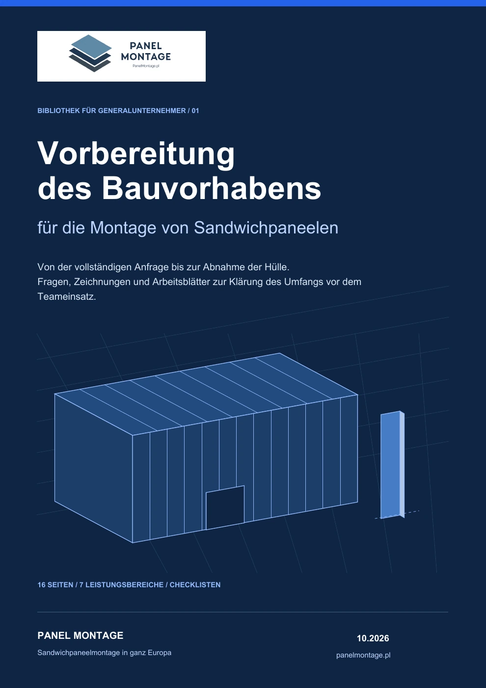 Titelseite des Panel-Montage-Leitfadens: Vorbereitung eines Bauvorhabens für die Montage von Sandwichpaneelen